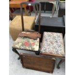 A MAHOGANY CHAIR IN NEED OF REPAIR, A MAHOGANY DRESSING TABLE STOOL AND AN OAK TRAY