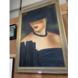 A LARGE GILT FRAMED OIL PAINTING OF A LADY IN BLACK HAT AND DRESS, SIGNED K.BAILEY