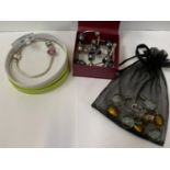 TWO LADIES BRACELETS AND A SILVER AND GLASS CHARM NECKLACE