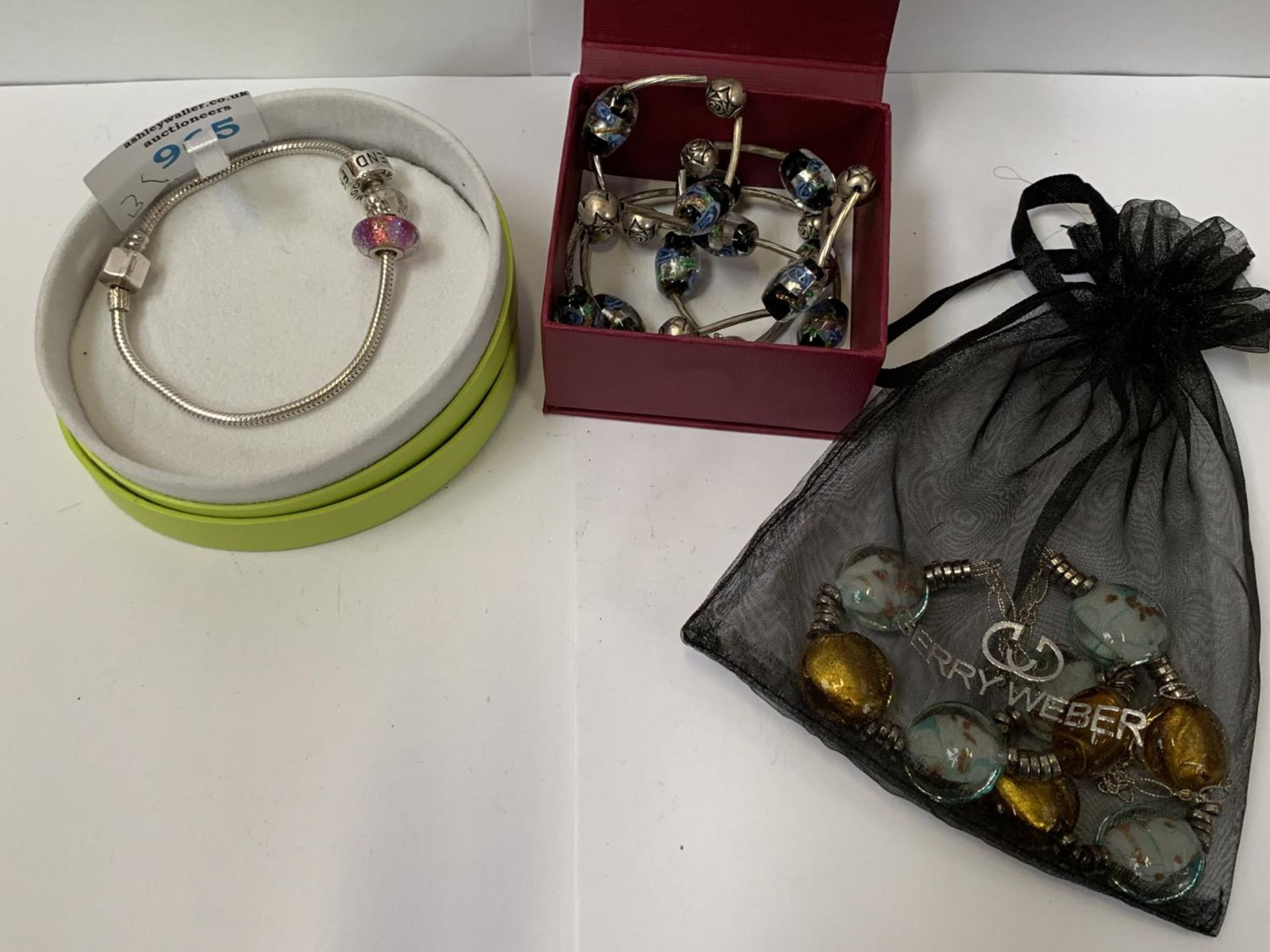 TWO LADIES BRACELETS AND A SILVER AND GLASS CHARM NECKLACE