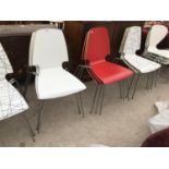 SEVEN WOODEN MODERN PATTERNED CHAIRS ON CHROME SUPPORTS