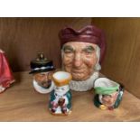 THREE ROYAL DOULTON TOBY JUGS TO INCLUDE BEEFEATER, TOGETHER WITH FURTHER CHARACTER JUG