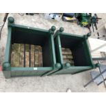 TWO GREEN PAINTED WOODEN GARDEN PLANTERS