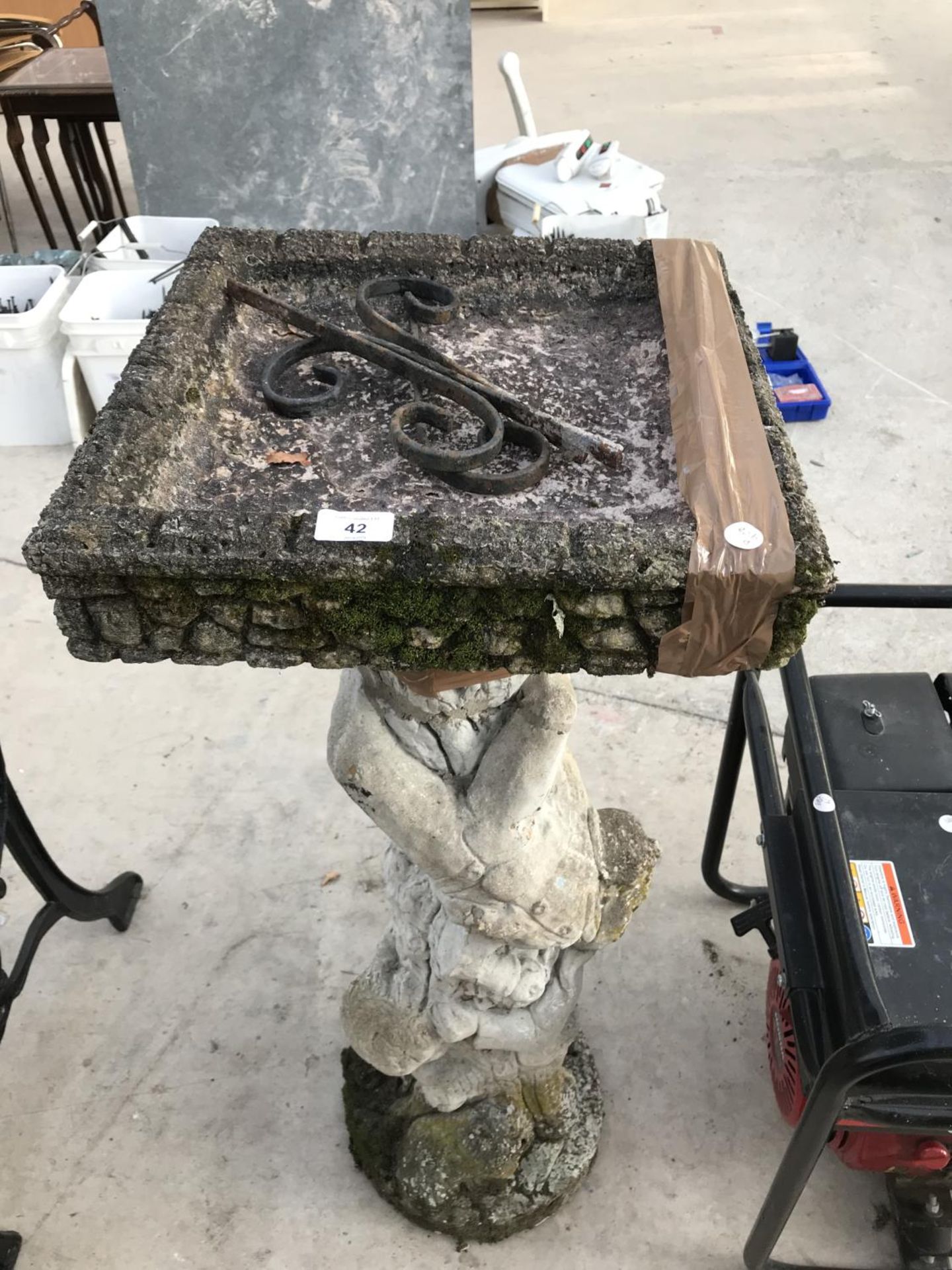 A CONCRETE BIRDBATH WITH GARGOYLE DECORATED COLUMN SUPPORT - Image 3 of 3