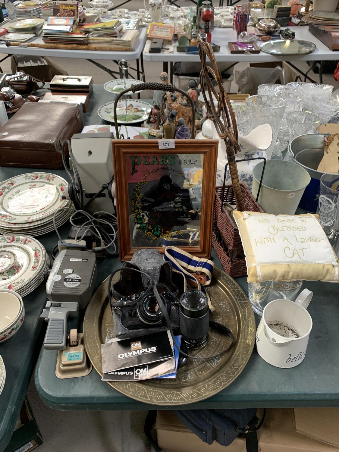 A LARGE MIXED LOT OF ITEMS - PEAR SOAP ADVERTISING MIRROR, BRASS CHARGER ETC
