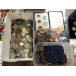 A MIXED LOT OF COINAGE, BAG OF AMERICAN CENTS, DECIMAL COIN SET, TWO BOXES OF MIXED COINS (QTY)