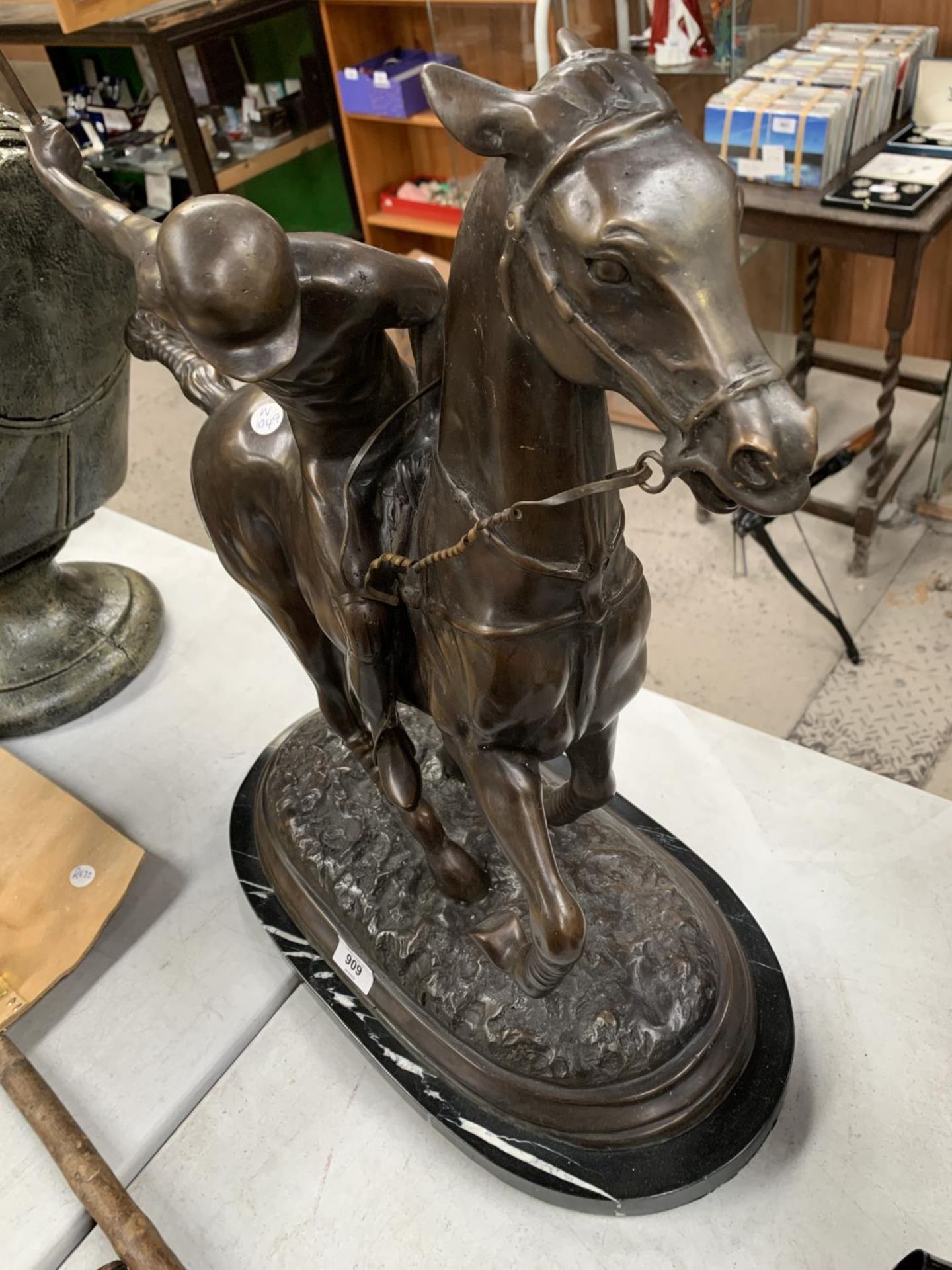 A LARGE BRONZE MODEL OF A POLO PLAYER ON HORSEBACK, HEIGHT 82CM - Image 3 of 3