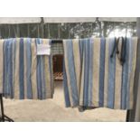 TWO PAIRS OF LAURA ASHLEY CREAM AND BLUE STRIPED CURTAINS AND TIE BACKS (SEE PHOTO FOR SIZES) PLEASE