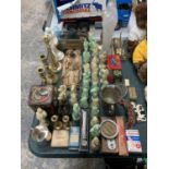 A COLLECTION OF CHESS PIECES, BRASS CANDLE STICKS, VINTAGE TINS ETC