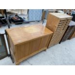 AN OAK BEDDING CHEST AN A PINE CUPBOARD WITH LATTICED DOORS