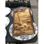 TWO CERAMIC MEAT PLATES, GLASS DISH AND INLAID WOODEN PICTURE