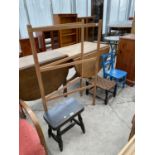 FOUR ITEMS - AN OAK STOOL, A PINE CLOTHES MAIDEN, A WOVEN STOOL AND A CHILD'S PAINTED CHAIR