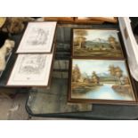 A PAIR OF FRAMED OIL PAINTINGS, PAIR OF PRINTS AND MIRROR