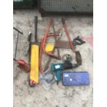 A MIXED LOT OF TOOLS TO INCLUDE SAWS, SHOVEL, FIRE EXTINGUISHER