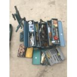 VARIOUS TOOLS TO INCLUDE A METAL FOLD OUT TOOL BOX AND CONTENTS, SOCKET SETS, DRILL STAND ETC