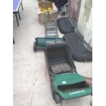VARIOUS GARDEN TOOLS TO INCLUDE A LAWNRAKER 32, AN EVERGREEN FERTILIZER SPREADER AND TWO LAWN