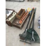 A MIXED LOT TO INCLUDE GARDEN TOOLS, WOODEN BOX, CURTAIN RINGS AND A VINTAGE CASE