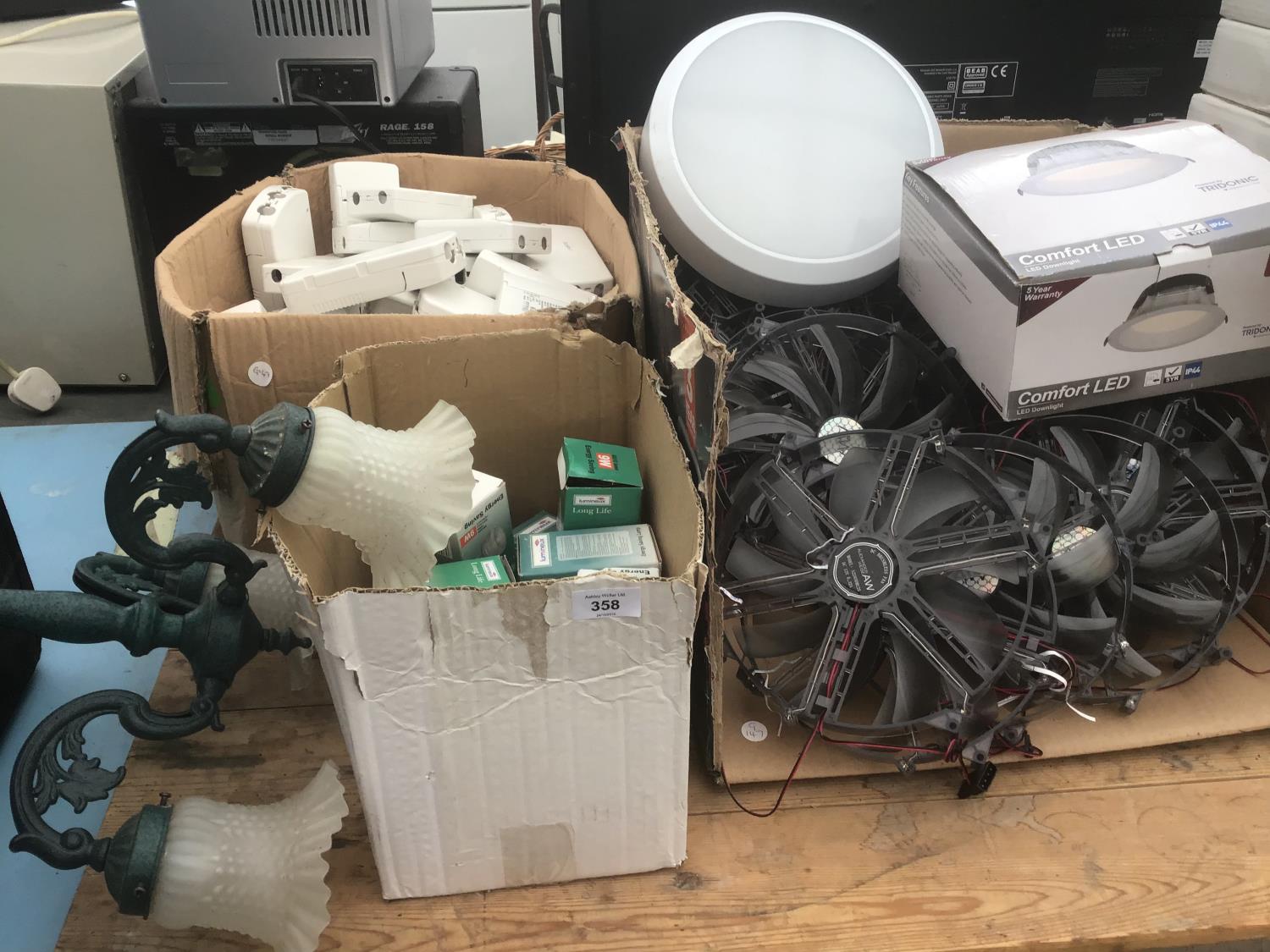 A BOX OF CONSTANT CURRENT LED CONTROL GEAR, A CEILING LIGHT, ENERGY SAVING BULBS, FANS ETC