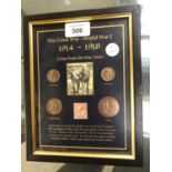 A FRAMED THE GREAT WORLD WAR I 1914-1918 COIN AND STAMP SET MONTAGE