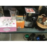 A BREVILLE CAPPUCCINO MAKER IN WORKING ORDER, GLASS PITCHERS, A BIG WHEEL CUPCAKE STAND ETC