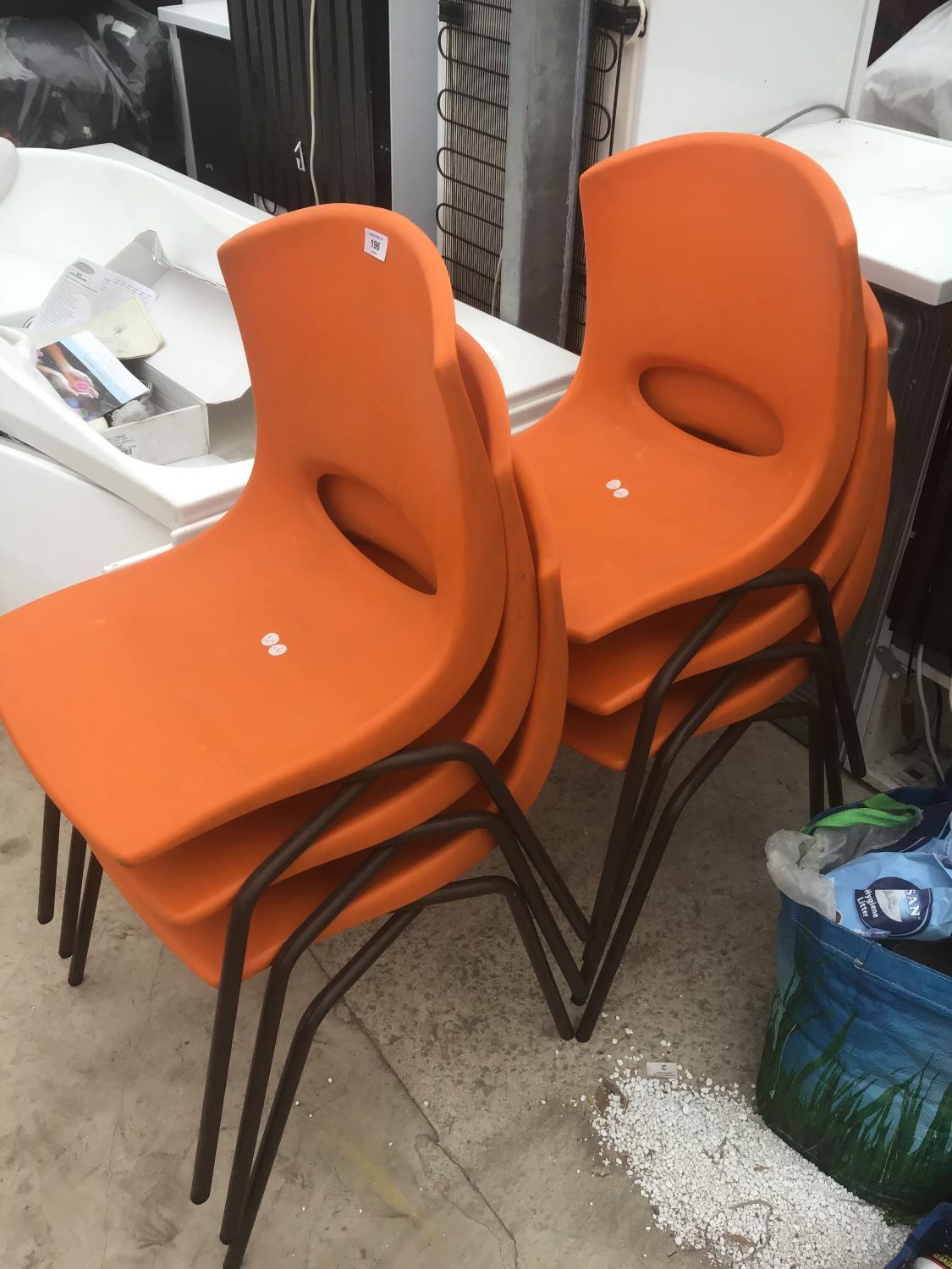 SIX RETRO ORANGE PLASTIC STACKING CHAIRS ON METAL SUPPORTS - Image 2 of 2