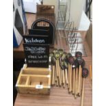 A COLLECTION OF CAFE ACCESSORIES TO INCLUDE COCA COLA MENU HOLDERS, MENU BOARDS NUMBERED WOODEN