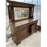 A LARGE MIRROR BACKED OAK SIDEBOARD WITH COPPER ARTS AND CRAFTS STYLE HANDLES