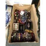 A BOX OF ASSORTED COSTUME JEWELLERY, WATCHES ETC