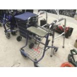 THREE MOBILITY ITEMS TO INCLUDE A WALKER SEAT WITH BRAKES A WALKING FRAME AND A SHOPPING TROLLEY