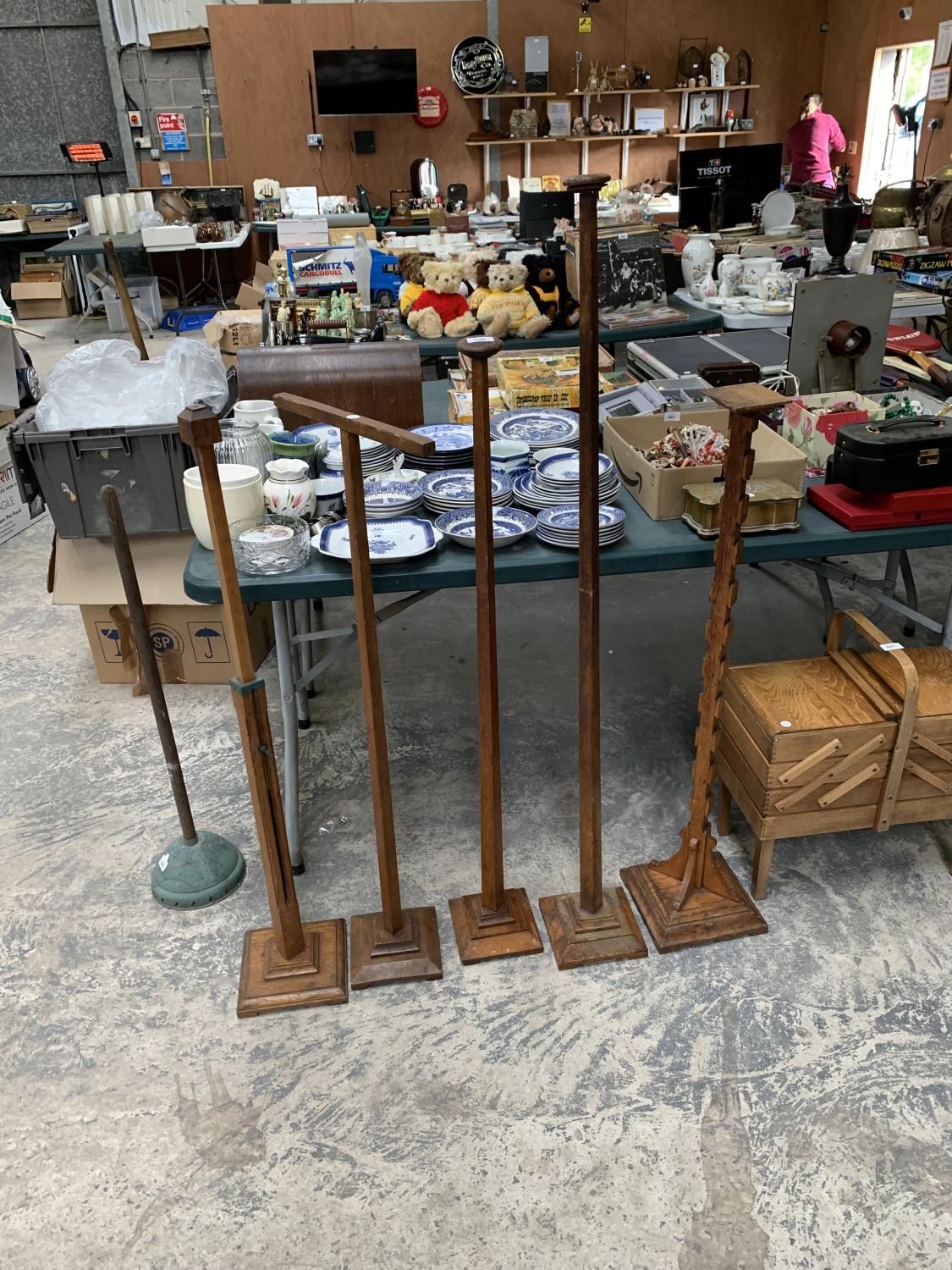 FIVE VINTAGE OAK WOODEN STANDS