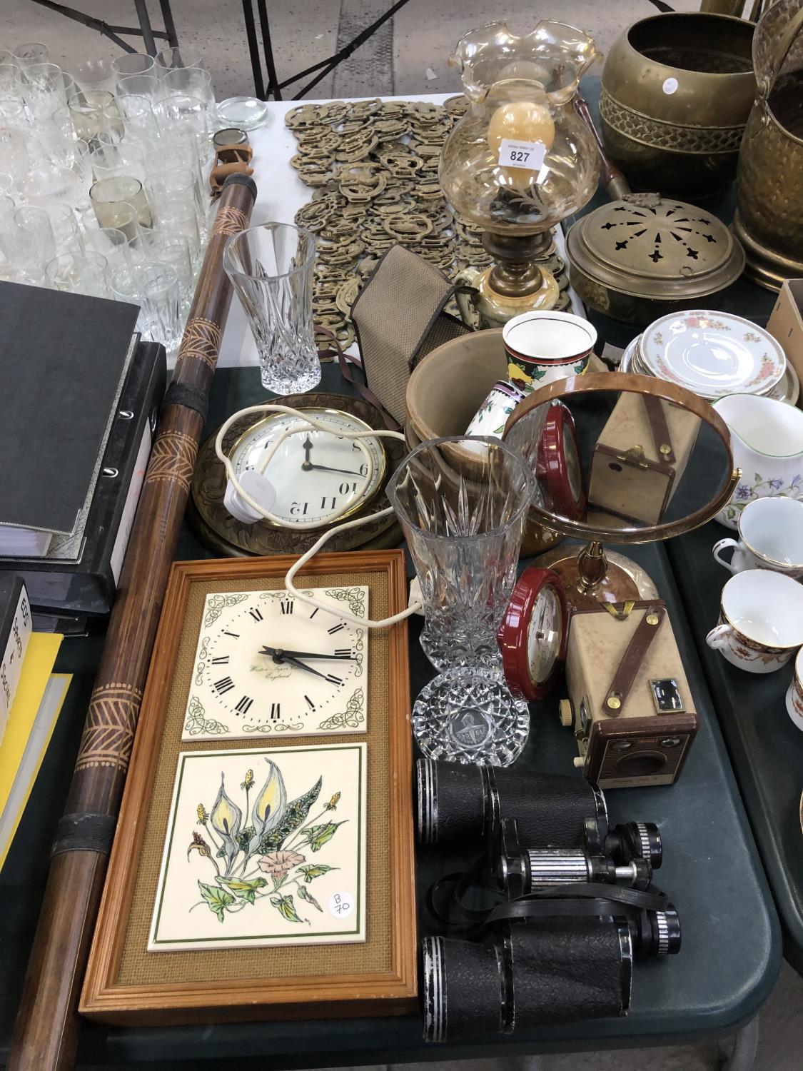 A MIXED LOT OF ITEMS - CLOCK, MIRROR, BINOCULARS ETC