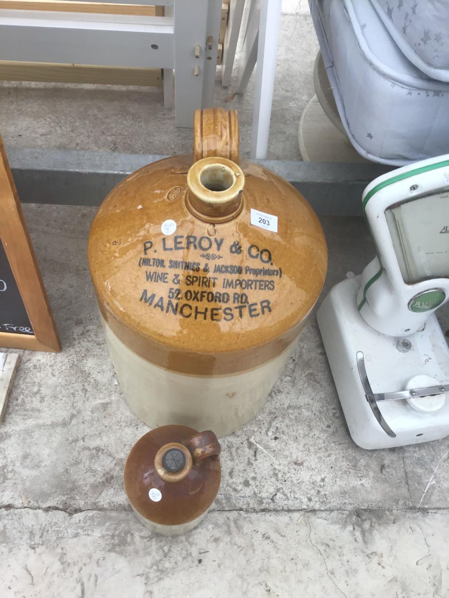 TWO STONEWARE JARS - ONE LARGE P LEROY & CO ONE SMALL DAVID GLEAVE HERB BEER