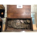 A WOODEN BOX CONTAINING ASSORTED VICTORIAN PENNIES