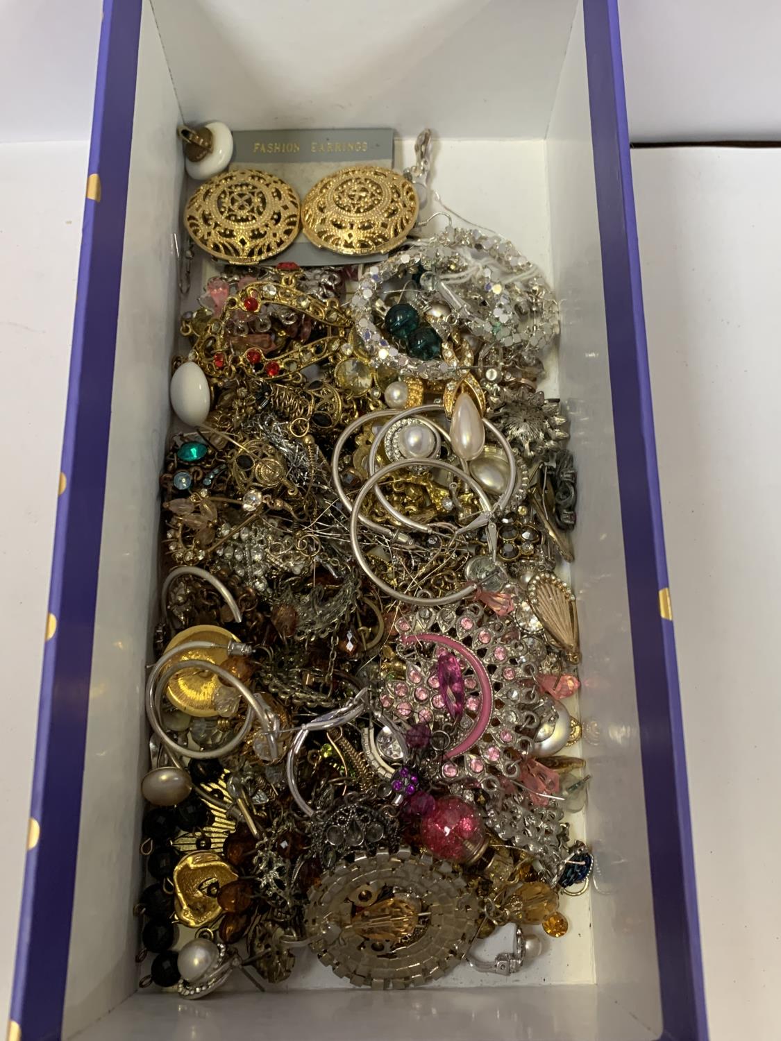 A BOX OF ASSORTED EARRINGS ETC