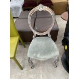 A MODERN CLASSIC STYLE CHAIR FOR A DRESSING AREA WITH CIRCULAR SHABBY CHIC BACK AND LEGS. THIS