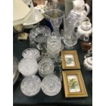 A MIXED LOT OF CUT GLASS ITEMS, TWO FRAMED BIRD PICTURES ETC