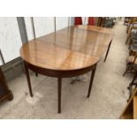 A GEORGIAN MAHOGANY D END DINING TABLE WITH TWO LEAVES AND FIXING PLATES