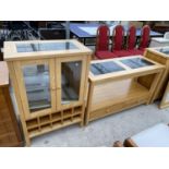 A BEECH CABINET WITH TWO BLACK GLASS DOORS, GRANITE TOP AND LOWER WINE RACK AND A MATCHING TABLE