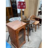 FIVE ITEMS - A PINE CHAIR, A PINE CABINET, AN OAK BARREL PLANTER, A STANDARD LAMP AND AN OAK SIDE