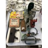 A MIXED LOT OF VINTAGE COLLECTABLES, GLASS BOTTLES, LAMP ETC