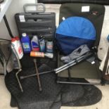 VARIOUS ITEMS TO INCLUDE CAR MATS, WHEEL BRACE, FISHING SEAT ETC
