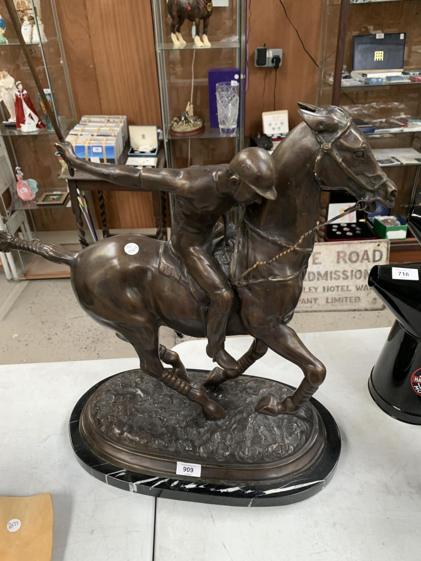 A LARGE BRONZE MODEL OF A POLO PLAYER ON HORSEBACK, HEIGHT 82CM - Image 2 of 3