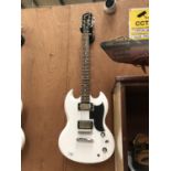 AN EPIPHONE GIBSON SPECIAL WHITE ELECTRIC GUITAR WITH VINYL WRAP ON FRONT AND BACK