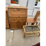 A PINE BUREAU, BAMBOO TABLE AND TEAK TABLE