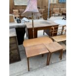 THREE TEAK OCCASIONAL TABLES AND A BRASS STANDARD LAMP