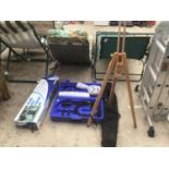 A WOODEN ARTISTS EASEL WITH CASE, A PRESSURE WASHER BRUSH SET IN A CASE AND A DELUXE GOLF PRACTICE