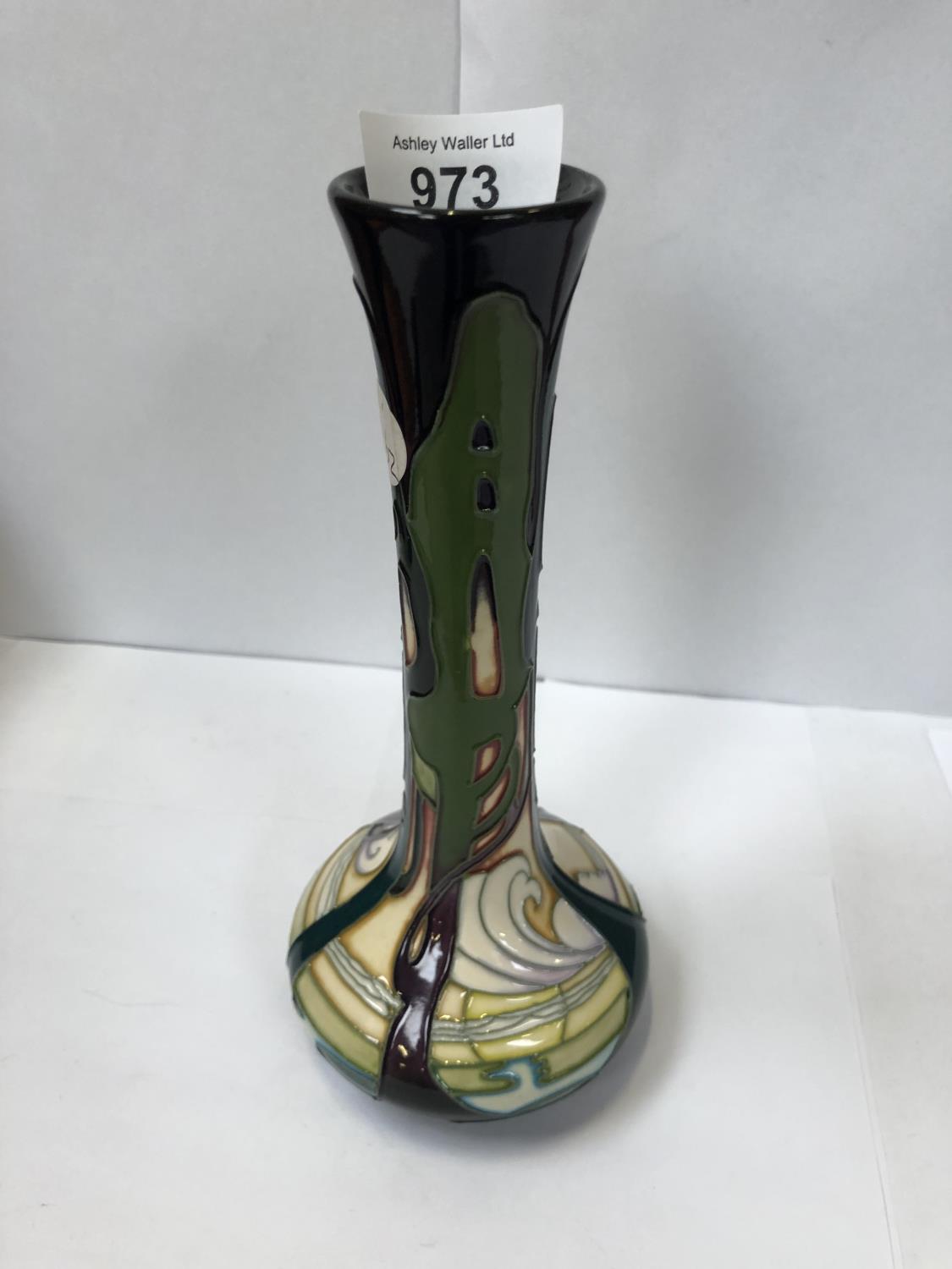 A MOORCROFT POTTERY VASE FROM THE FRONT COVER OF THE 'A NEW DAWN' MOORCROFT BOOK, SIGNED IN GOLD