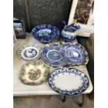 VARIOUS BLUE AND WHITE CERAMICS, WASH JUG AND BOWL ETC