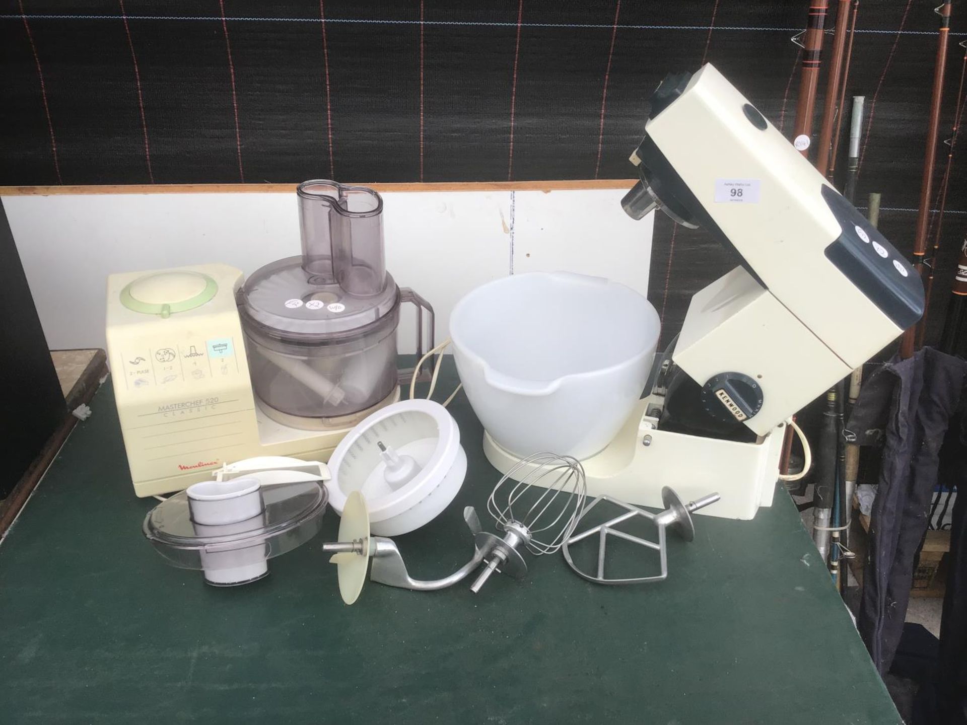 A KENWOOD CHEF WITH BEATER, DOUGH HOOK AND K WHISK AND A MOULINEX MASTERCHEF 520 CLASSIC FOOD