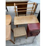 FOUR ITEMS - A SMALL FOLDING TOP TABLE WITH MAGAZINE RACK, A WOVEN STOOL, PINE TOWEL RAIL AND A